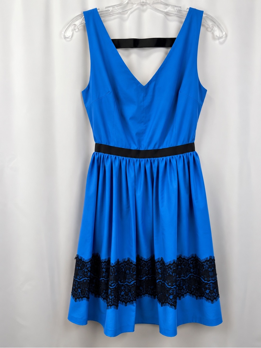 Ya Los Angeles Royal Blue V-Neck Midi Dress with Black Lace Trim